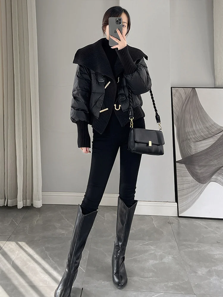 Stylish Short Cotton Jacket for Women Black Fashionable Winter Coat Large Collar Korean Style Loose Fit Online Exclusive