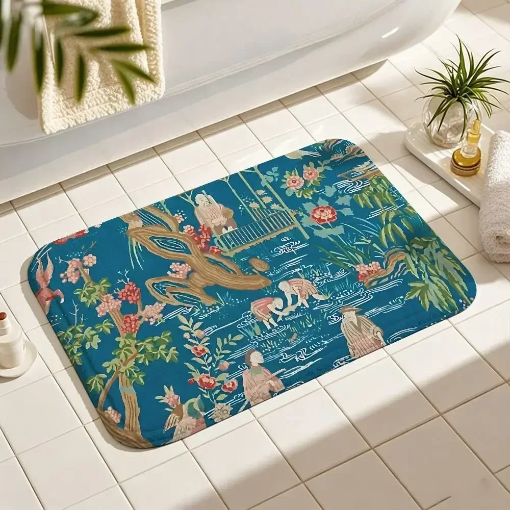 Richloom Teahouse Toile Chinoiserie Pagoda Carpet Bathroom Antislip Mat Home Decoration Mat Entrance Door Mat Scratch-resistant