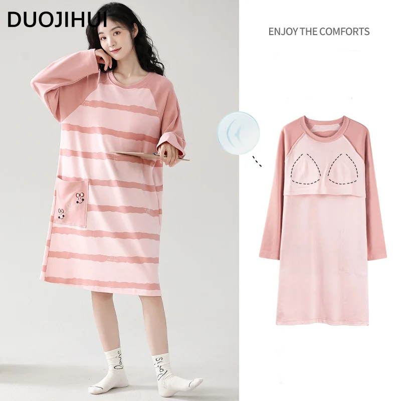 DUOJIHUI Sweet Casual O-neck New Women Pajamas Autumn Classic Stripe Long Sleeve with Chest Pad Fashion Simple Female Sleepwear