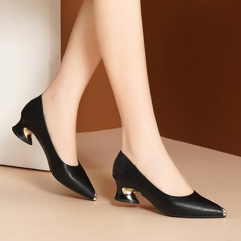 Nuevos Zapatos De cuero De tacón cuadrado con punta estrecha y boca poco profunda, Zapatos De tacón alto elegantes a la moda para Mujer, Zapatos De oficina