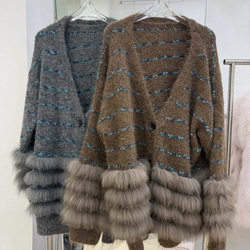 

2025 Women New Spring Autumn Top Clothing Female Knitted Cardigans with Real Fox Fur Stripe V-neck Real Fur Trim Sweater Coat