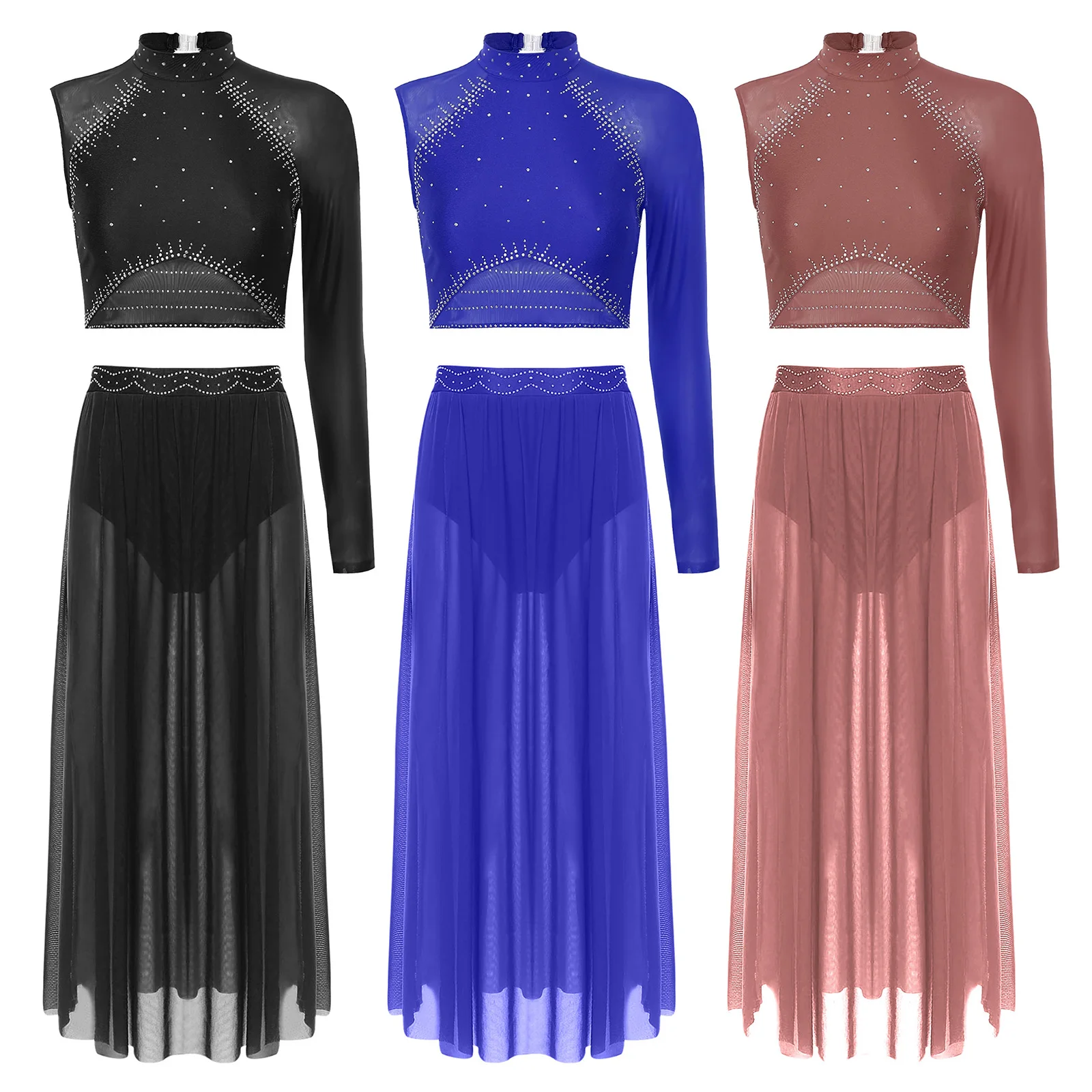 

Women Lyrical Dance Outfits Skating Ballet Modern Dance Single Long Sleeve Sets Backless Crop Top and Slit Mesh Skirt Dancewear