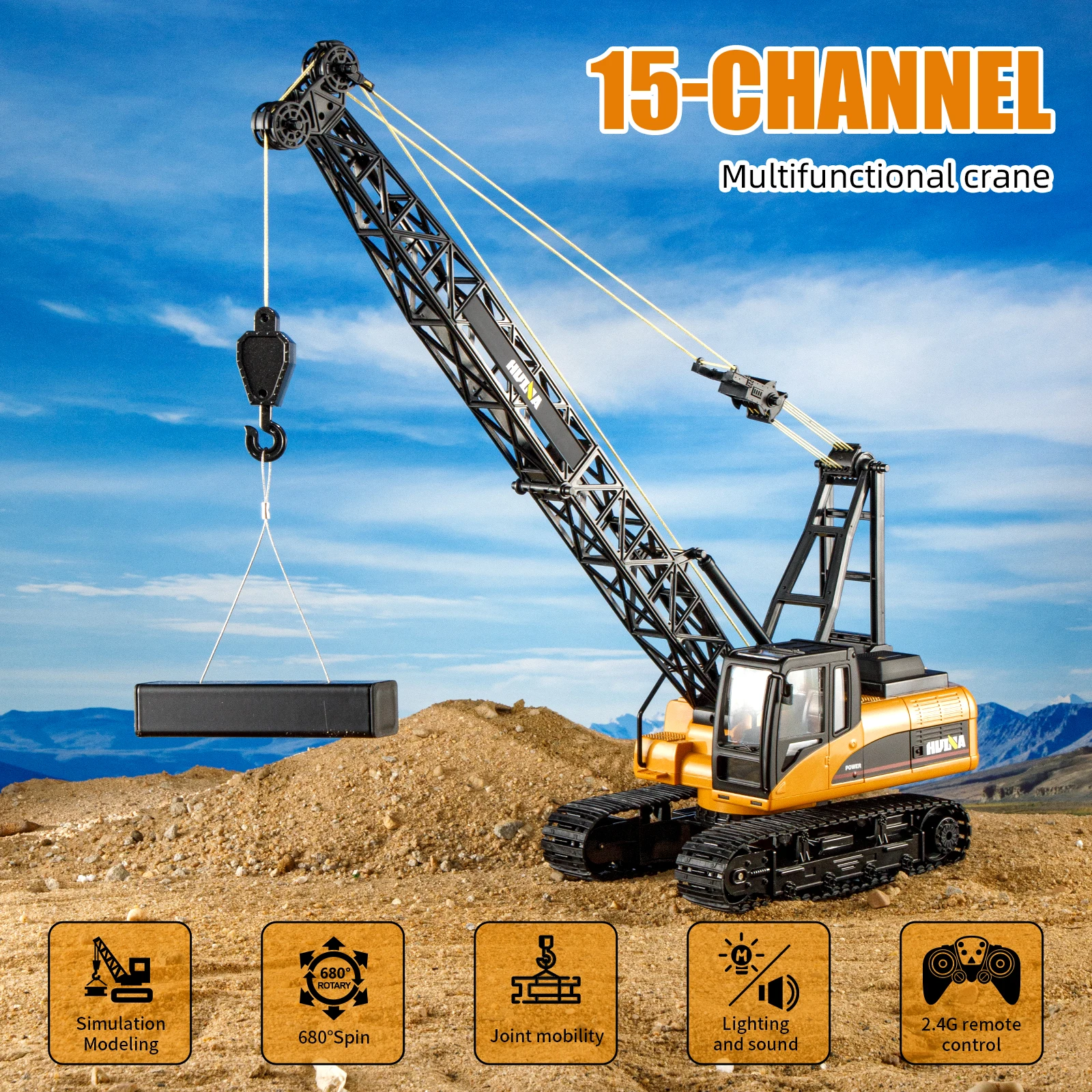 HUINA 1/14 RC 15CH Remote Control Alloy Crane Engineering Vehicle 2.4GHZ Wireless Remote Control Crane Model Boy Children\'s Toy