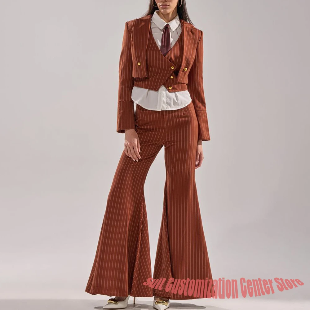 Women's Brown Pinstripe Three-Piece Suit Cropped Blazer+Waistcoat+Flared Pants Retro Formal Set for Evening Party Outerwears