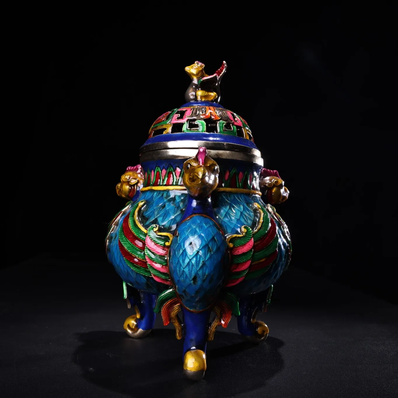 

10"Tibetan Temple Collection Bronze Cloisonne Three peacock Incense burner Amass wealth office Ornaments Town House Exorcism