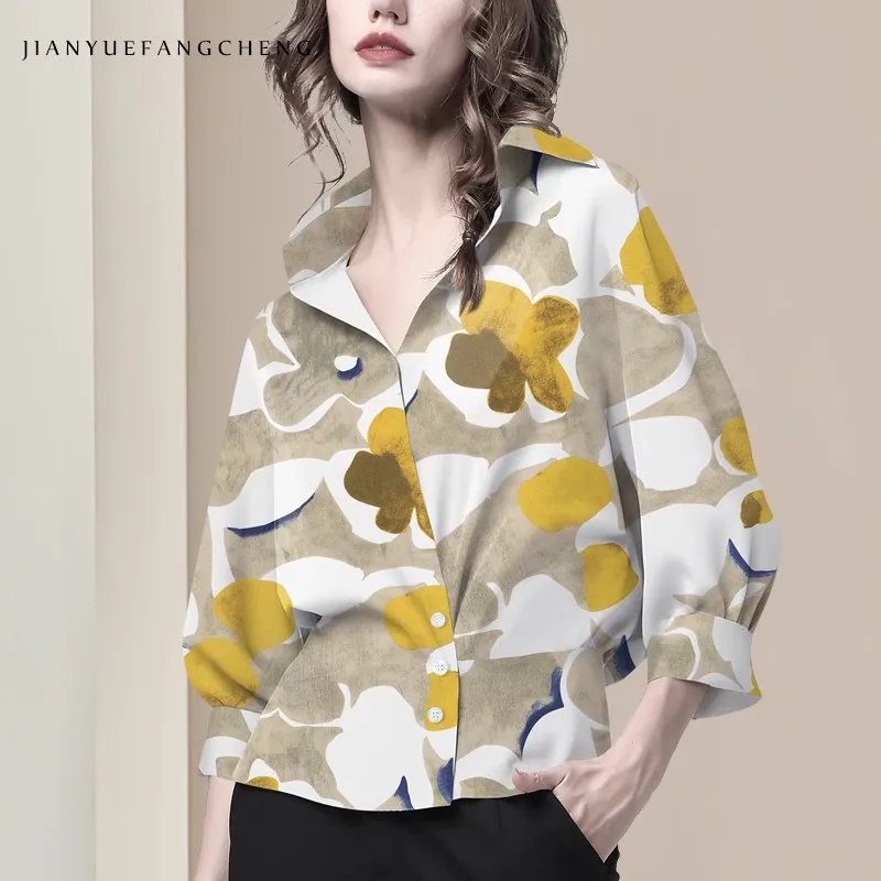 2025 été imprimé col rabattu petit haut femmes mode Style occidental chemise sept manches travail blouses décontractées