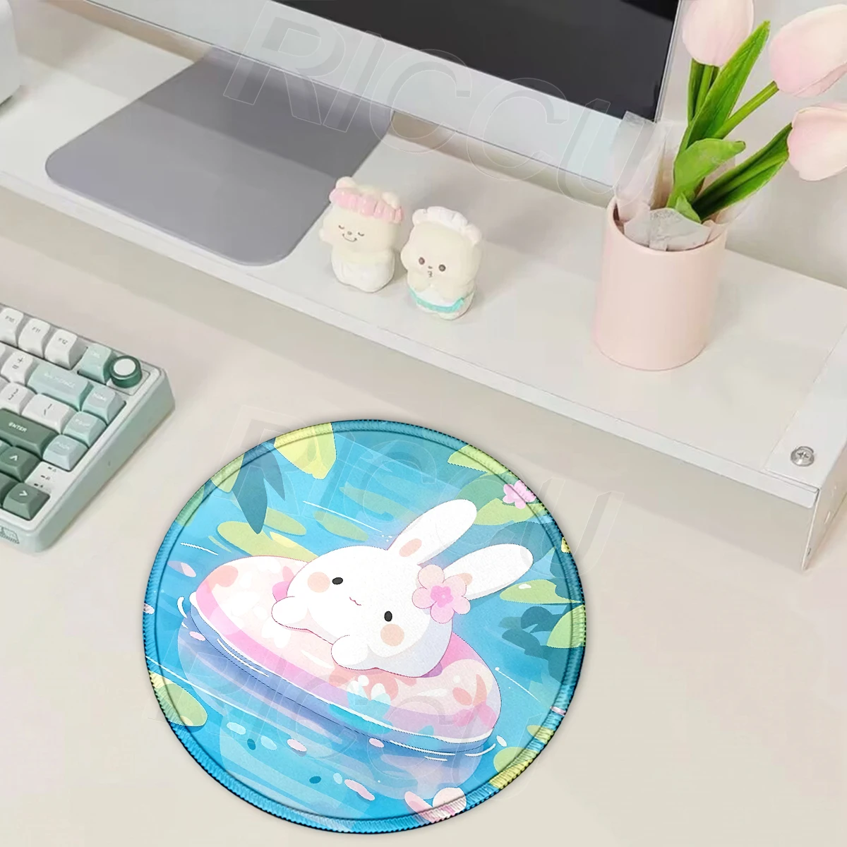 Cute Rabbit Green Plants Mouse Pad Kawaii PC Round Non-Slip Desk Mat Office Accessories Keyboard XS Mousepad Gaming Cabinet Rug