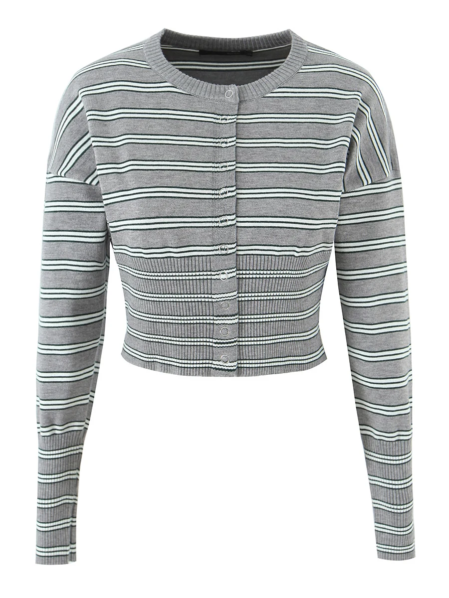 เสื้อสเวตเตอร์ถักไหมพรมทรงยาว แขนยาว คอวี ลายทางสไตล์เรโทรแบบอเมริกัน เน้นเอว ทรงเซ็กซี่ หรือเสื้อท่อนบนเอวสูงสำหรับผู้หญิง