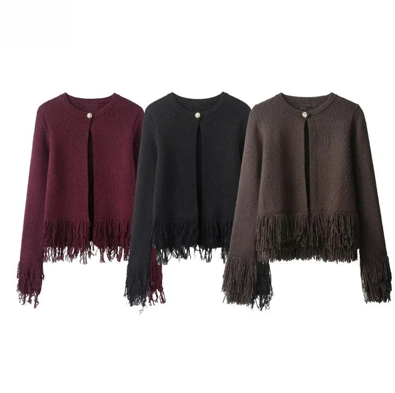 

New Collection Elegant Coffee One Button Knitwear Crew Neck Long Sleeve Sweater Stylish Fringe Details Casual Chic Top