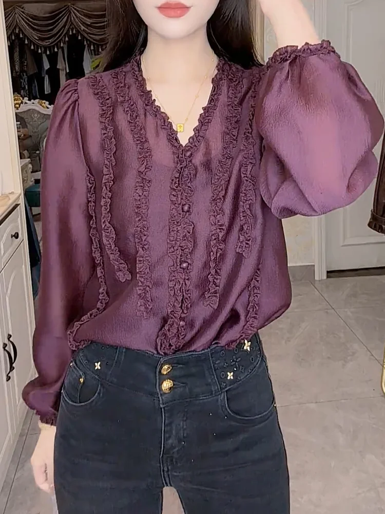 

Вязаный топ Ele V-Ne с деревянными элементами и рюшами, новинка осени 2025, универсальный омолаживающий топ больших размеров для любого типа фигуры