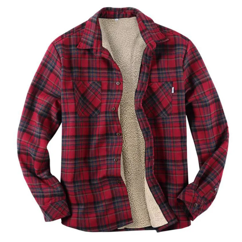Men's autumn and winter fashionable versatile pocket design, independent stand collar plaid velvet warm long sleeved shirt