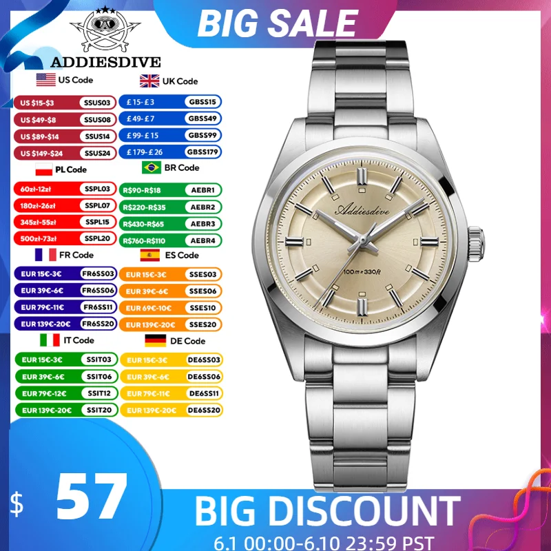 

ADDIESDIVE Men Watch 2026 New 36mm Domed Glass AR Coating Luminous 100m Waterproof 316L Stainless Steel VH31 Quartz Wristwatch