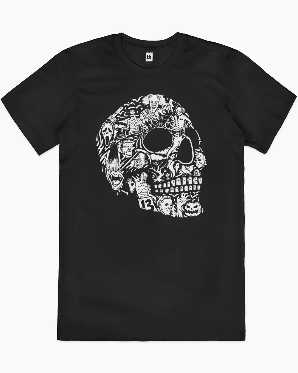

Horror - Themed Cotton T Shirt with Skull Graphic of Classic Movie Characters for Trendy Casual Halloween Tee All Saints' Day