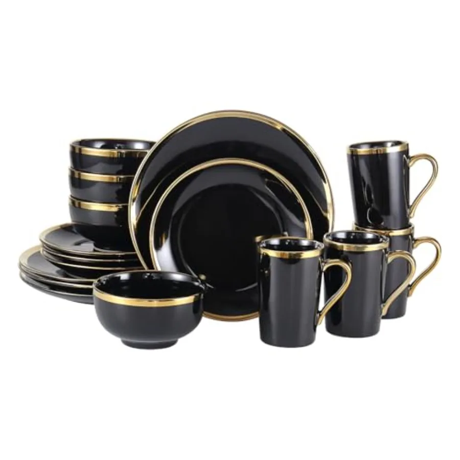 16-Piece Black and Gold Dinnerware Set for 4 Elegant Porcelain Plates and Bowls with Golden Rim Modern Luxury Tableware Service