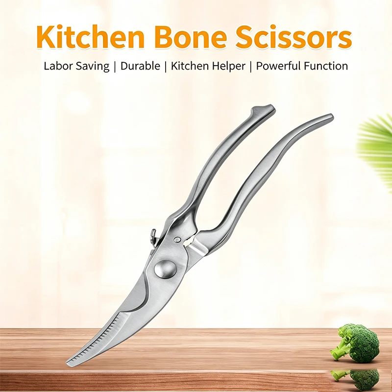 All stainless steel spring poultry clipper, ergonomic curved handle kitchen bone clipper for cutting chicken, turkey, and ribs