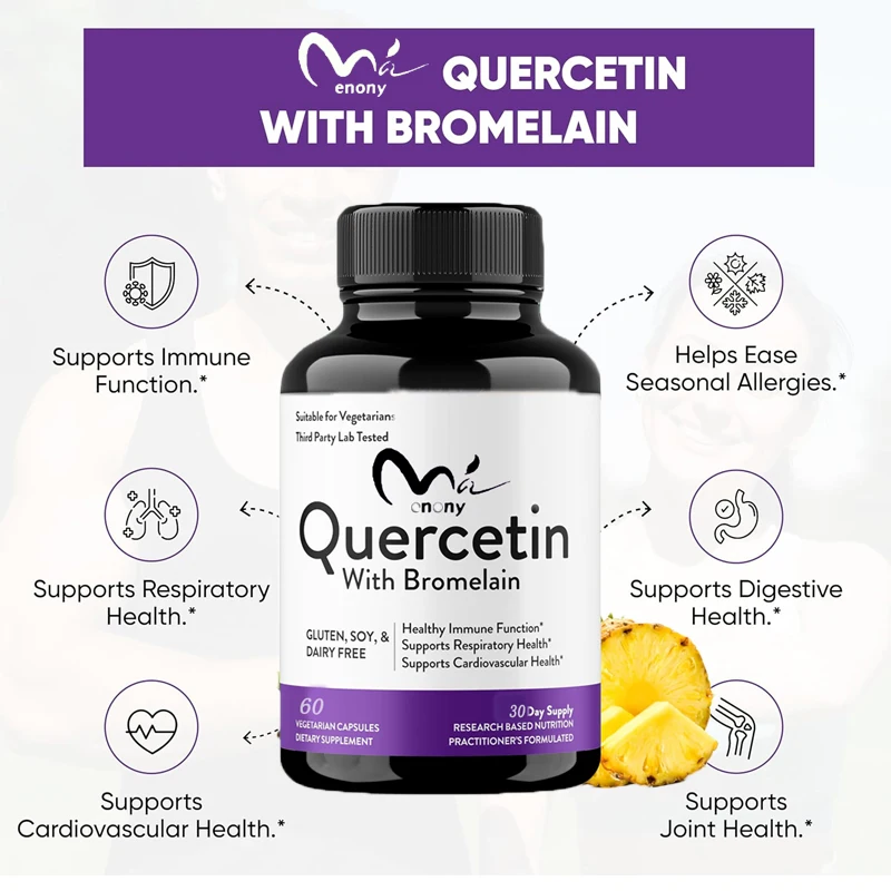 Quercetin contains 60 capsules of bromelain and flavonoid supplements for immune, cardiovascular, and respiratory health