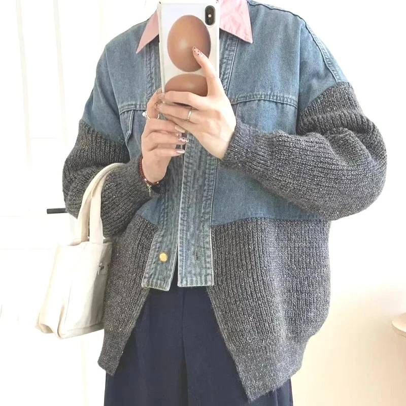 

Винтажный джинсовый лоскутный свитер Fat mm200 фунтов, пальто в стиле пэчворк, джинсовый модный женский осенне-зимний утолщенный свободный нишевый кардиган