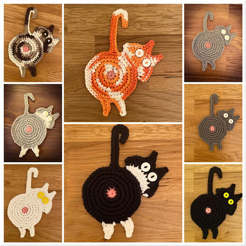 8 Pcs Different Crochet Cat Butt Coasters Set Funny Handmade Woven Cute Cat Shaped Mug Cup Mat Table Desk Decor