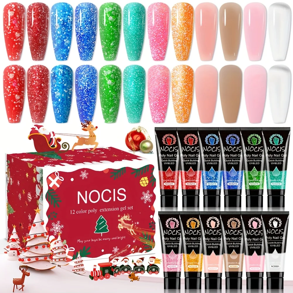 

Poly Nail Extension Gel Kit-12 Colors Poly Nail Gel White Green Red Glitter Golden Classic Colors Builder Nail Gel Manicure Gift