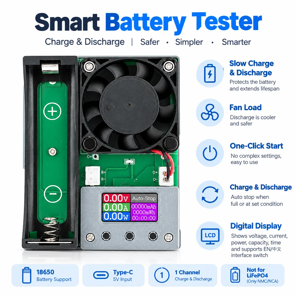 DC 5V 1-channel Battery Charging and Discharging Module 18650 Lithium Battery Tester Slow Charge Fan Cooling Type-C DIY Test