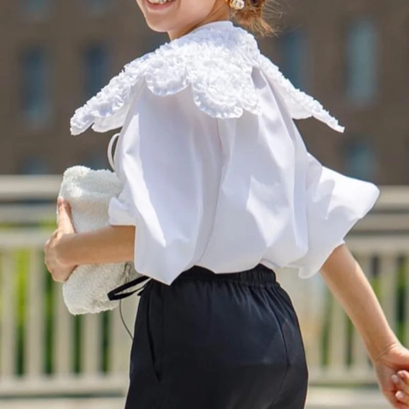 High Quality 3D Flower Shirts Fashion Upscale Chic Fungus Blouses Spring Peter Pan Collar Tops Japan Style Loose Femme