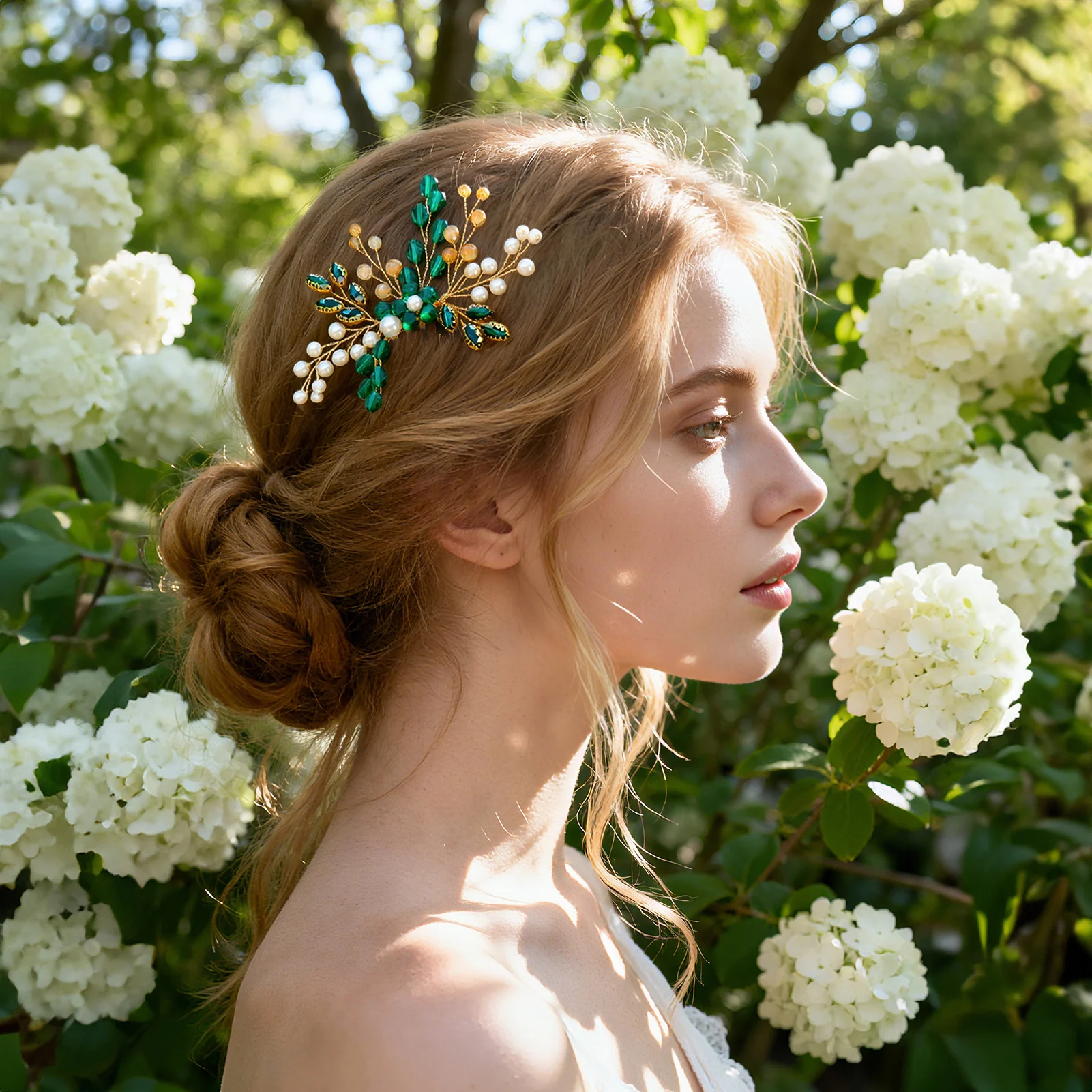 مشط شعر مضفر باللؤلؤ دبوس شعر على شكل كمثرى أخضر مع أوراق ذهبية لحفلات الزفاف وإكسسوارات شعر لحفلات الزفاف والتيجان العصرية