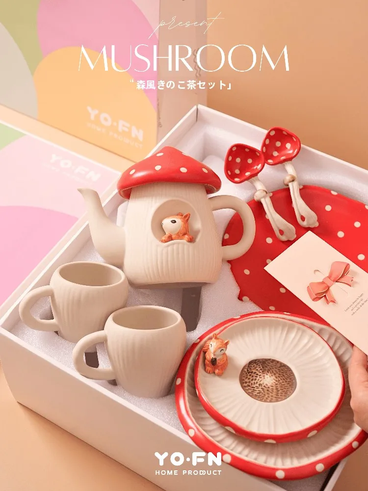 

YOOFUN Cute Mushroom Ceramic Tea Set Wedding Birthday Moving Gift Soft Healing Korean Style Tea Utensils for 2 People