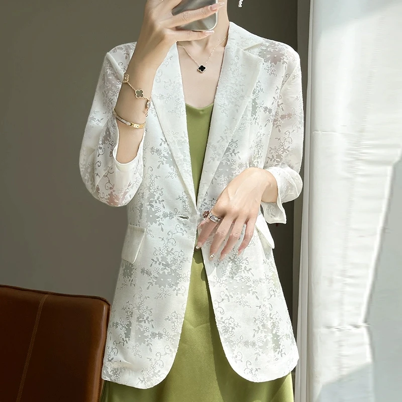 

Women New Chinese Style 7/8 Sleeve Blazer Satin Jacquard Slim Fit Office Casual Elegant Sun Protection Lightweight Free Shipping