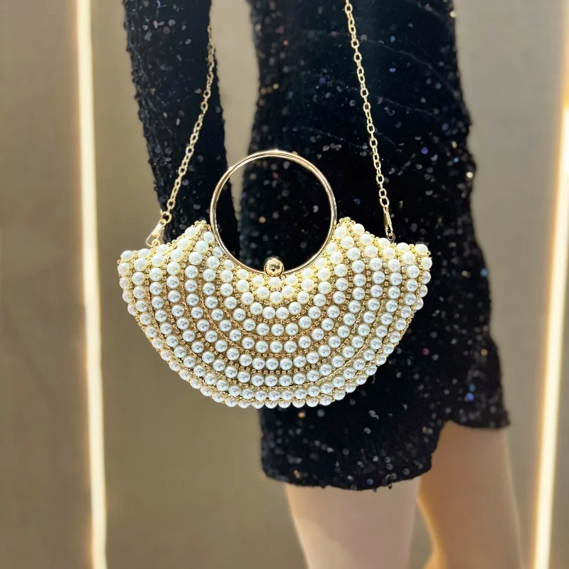 Pearl Inlay Wedding Handbag Lady Chain Shoulder Bag Clutch Purse Luxurious Design Sparkling Banquet Clutch Bag