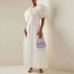 Customized Special Occasions A Line Ruffle O Neck Evening Dresses Floor-Length Short Sleeves Party Dresses Backless Prom Dresses