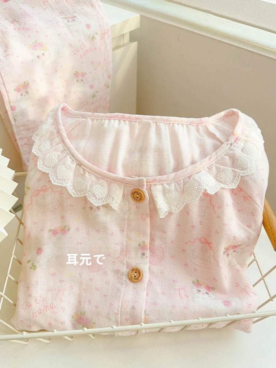 

Cute Ear Spwear Thin Cotton Double Layer Gauze Home Clothes Long Sve round Ne Pink Lace Long Pants for Teens And ...