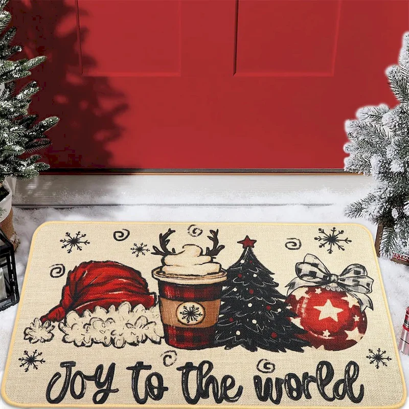 VIKAMA Christmas Retro Burlap Appearance Entrance Carpet, Coffee Cup 