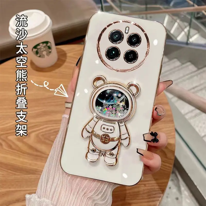 For Realme 12 Pro Plus Astronaut Quicksand Holder Phone Case For OPPO Realme 12 Pro+ 11 Pro Plating Stand Soft Silicone Cover