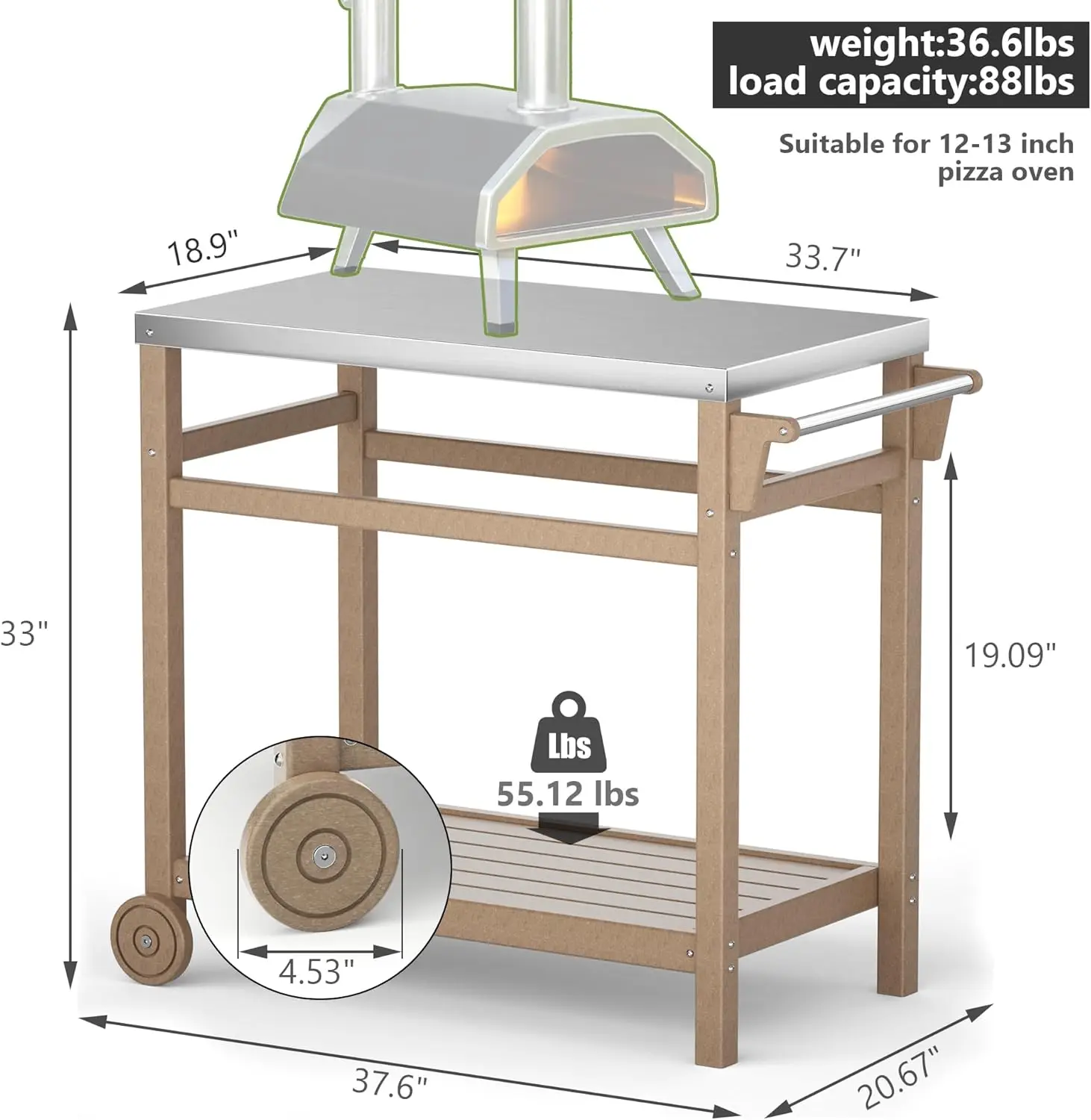 Outdoor Prep Cart Dining Table For Pizza Oven, Patio Grilling, And Backyard Bbq | Wood Color, Two Tier