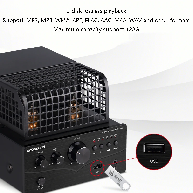 Multi-function Tube Power Amplifier Bluetooth 5.0 USB Lossless Decoding High-power Amp 2.1 Channel Digital Fiber Coaxial Input