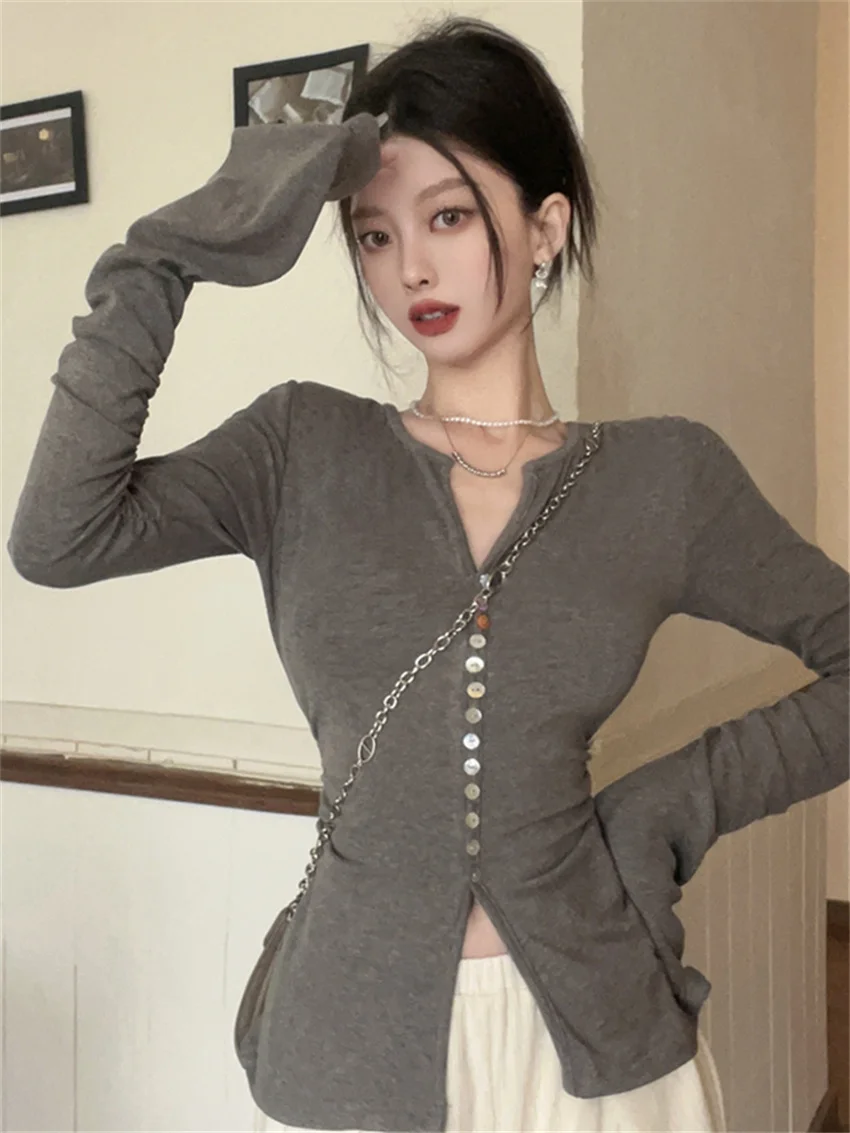 PLAMTEE Hot Sale Women T-Shirts Skinny Spring Solid Full Sleeve 2024 Chic Casual Office Lady High Street Tees New V-Neck