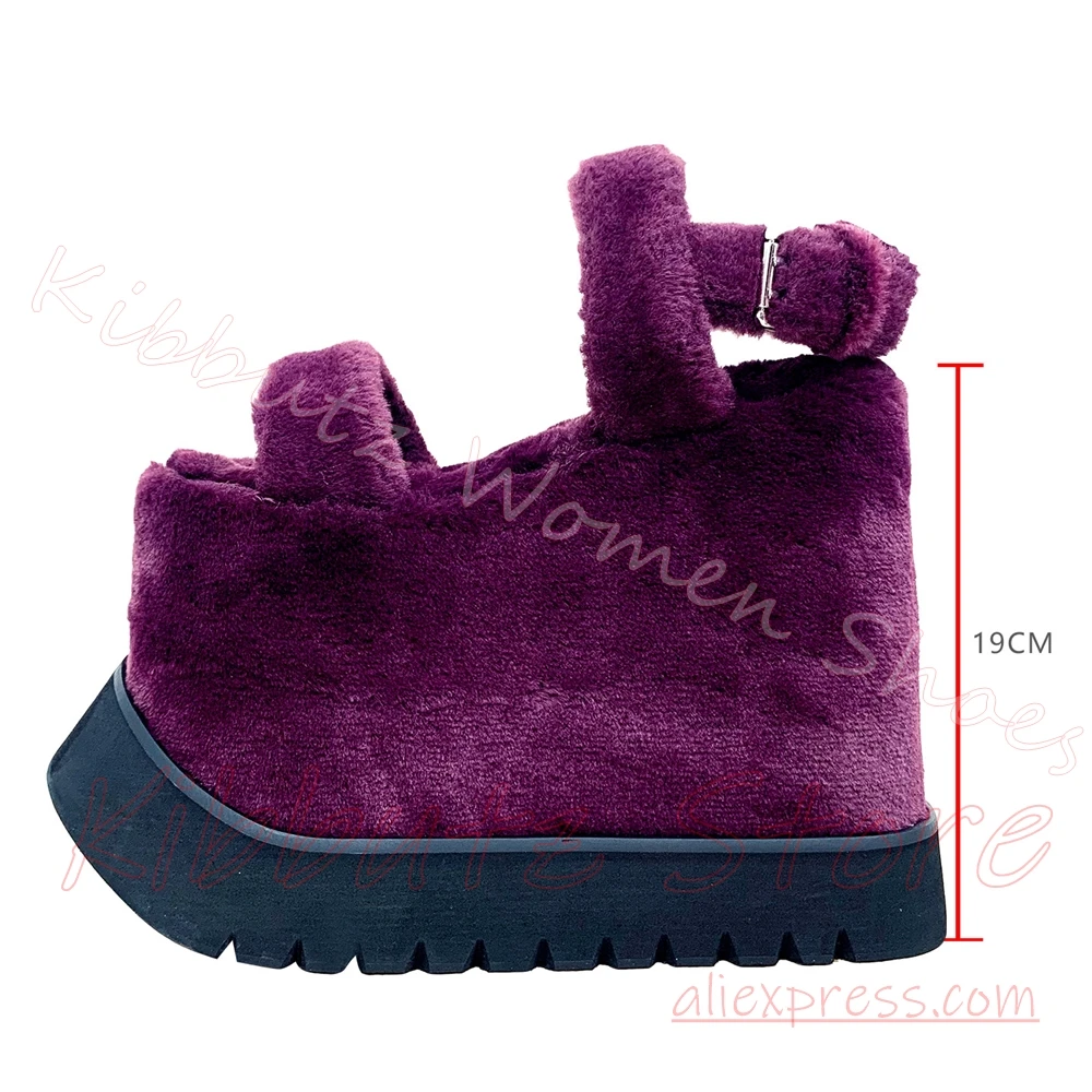 Platform Wedge Sandal Women Fuzzy Plush Ankle Buckle Strap Open Toe Fashion Y2K Subculture Streetwear Footwear Solid Color Sexy