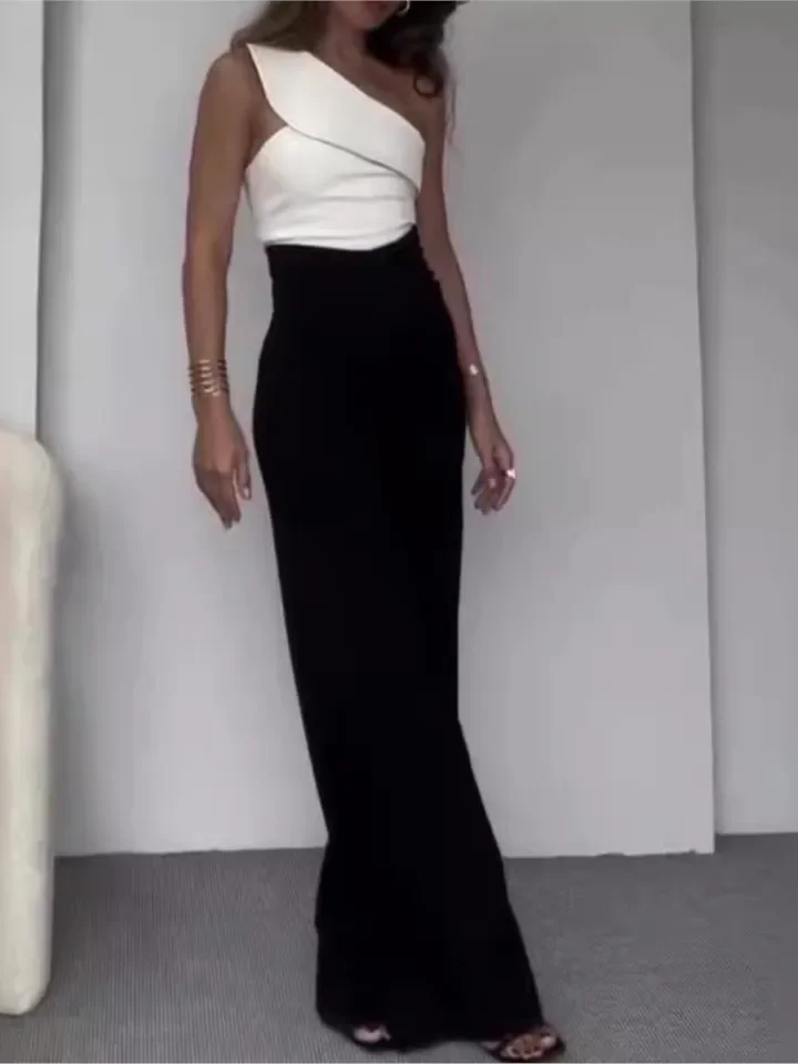 패션 트렌디 팬츠 세트 여성 슬랜트 칼라 오프숄더 탑 하이웨이스트 와이드 레그 바지 투피스 세트 여성 스트리트웨어 2025