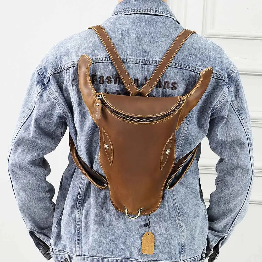 

Vintage Crazy Horse Leather Backpack with Unique Bull Head Design for Men