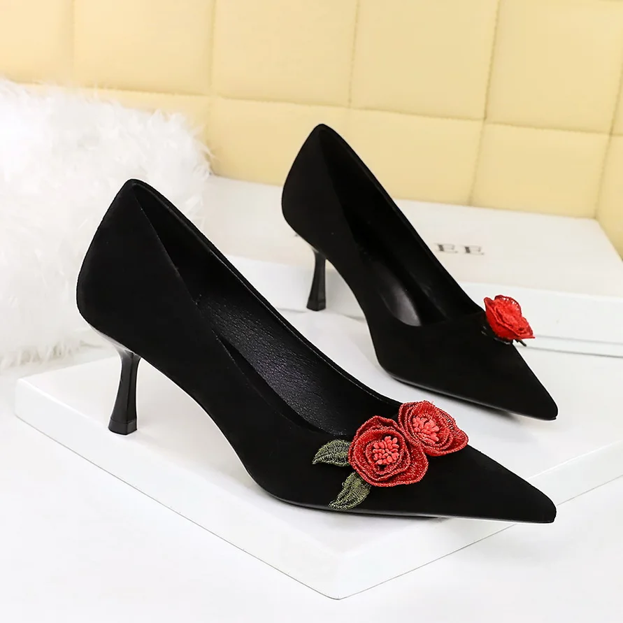 

BIGTREE Fashion High Heels Flower Shallow Lady Women's Pumps Stiletto 6.5cm Flock Prom Dress High Heeled Shoes Brown Black Chic