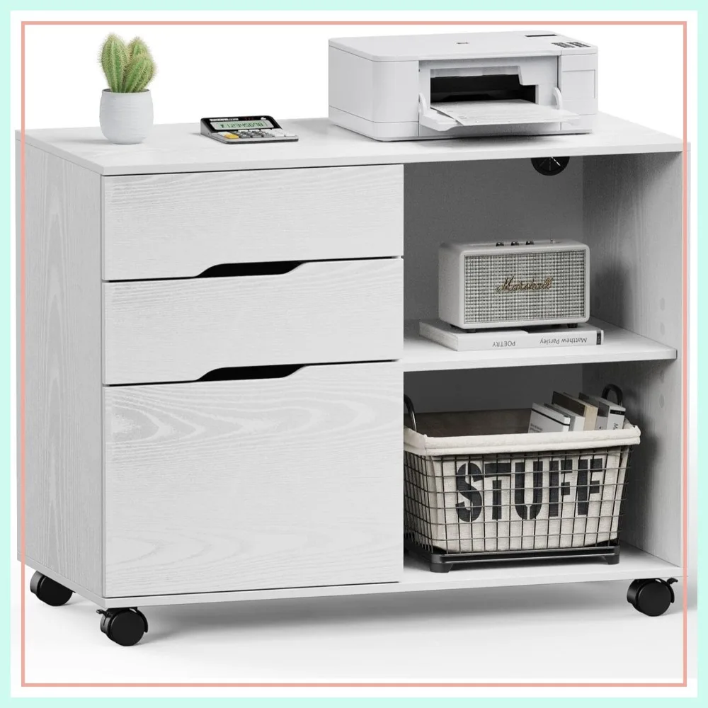 

Rolling File Cabinet with 3 Drawers, Under Desk Printer Stand, Adjustable Shelf, White