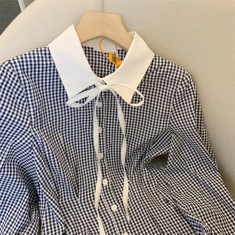 Plaid Stylish Shirt Women Bow Workwear Fashion Chic Ladies Blouse Tops 2024 Autumn Long Sleeve Vintage Korean Blusas Mujer