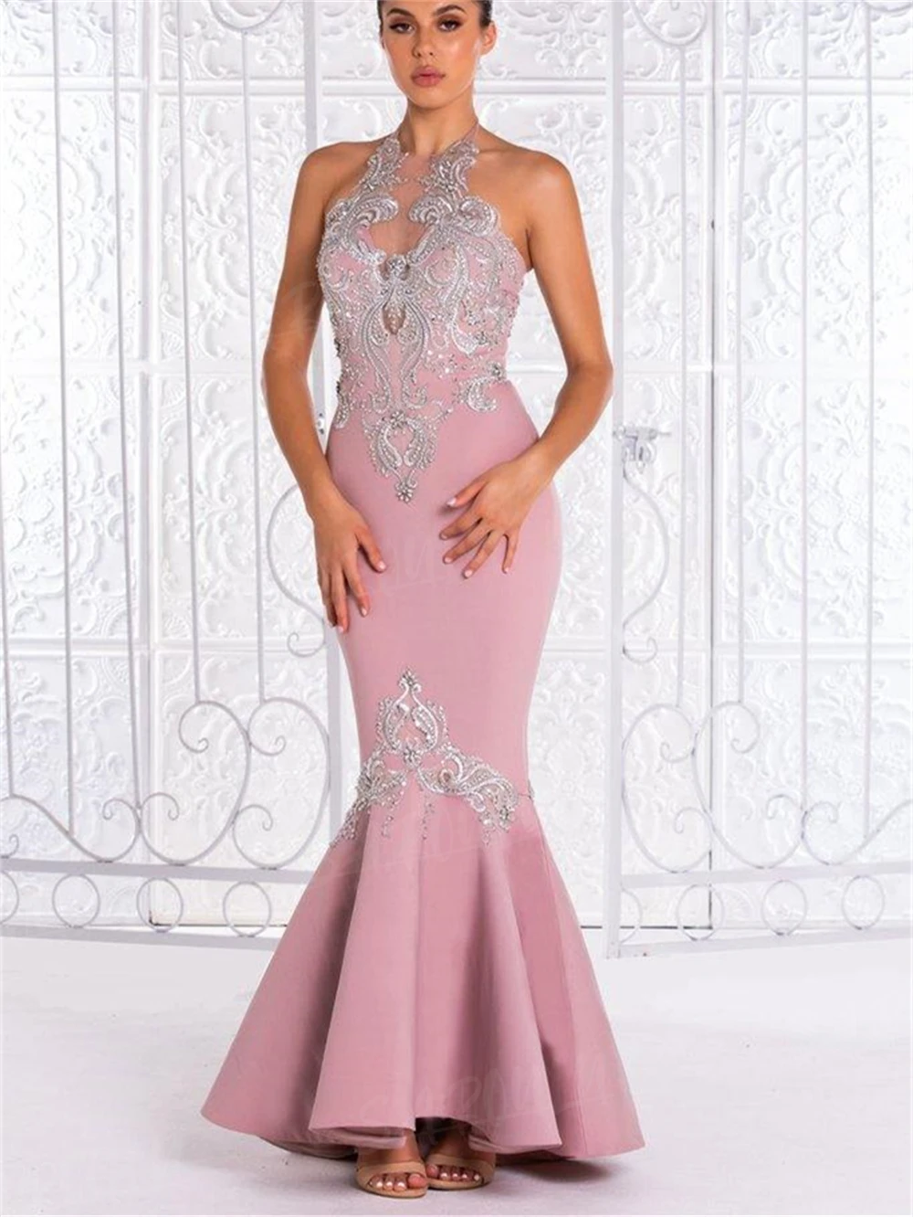 Long Elegant Prom Dress Satin Dusty Rose Mermaid Evening Dress Halter Silver Lace Appliques Flare Skirt Party Gown Wedding Guest