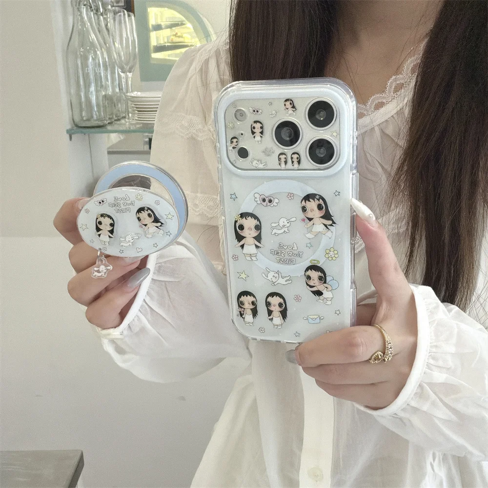 Cute Cartoon Angel Girl For Magsafe Magnetic Case For iPhone 15 16 17 18 Pro Max Makeup Mirror Stand Shockproof Cover Women