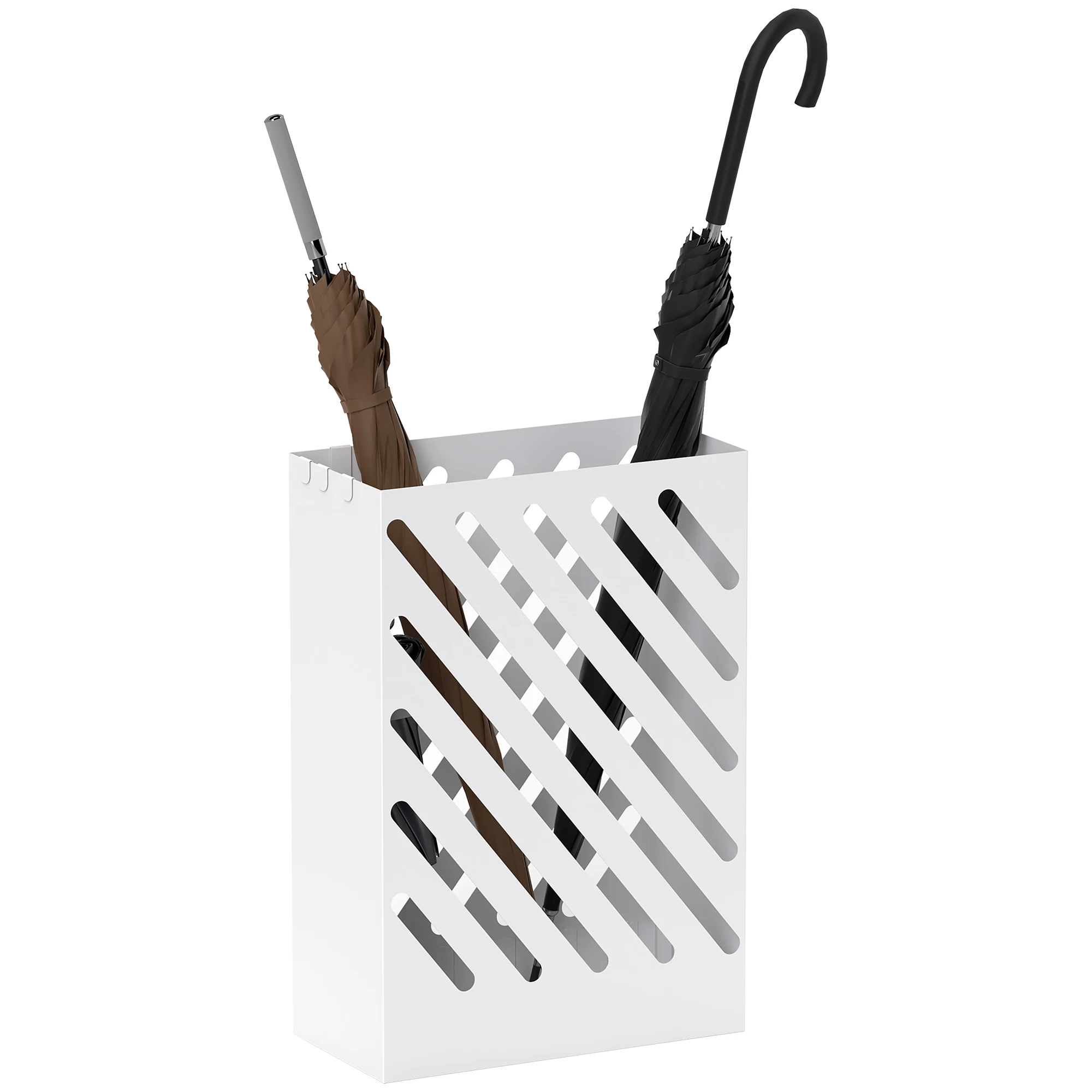 Paragüero de Acero Galvanizado Soporte de Paraguas Estrecho con Bandeja de Goteo Extraíble 4 Ganchos 28x14x41 cm Blanco