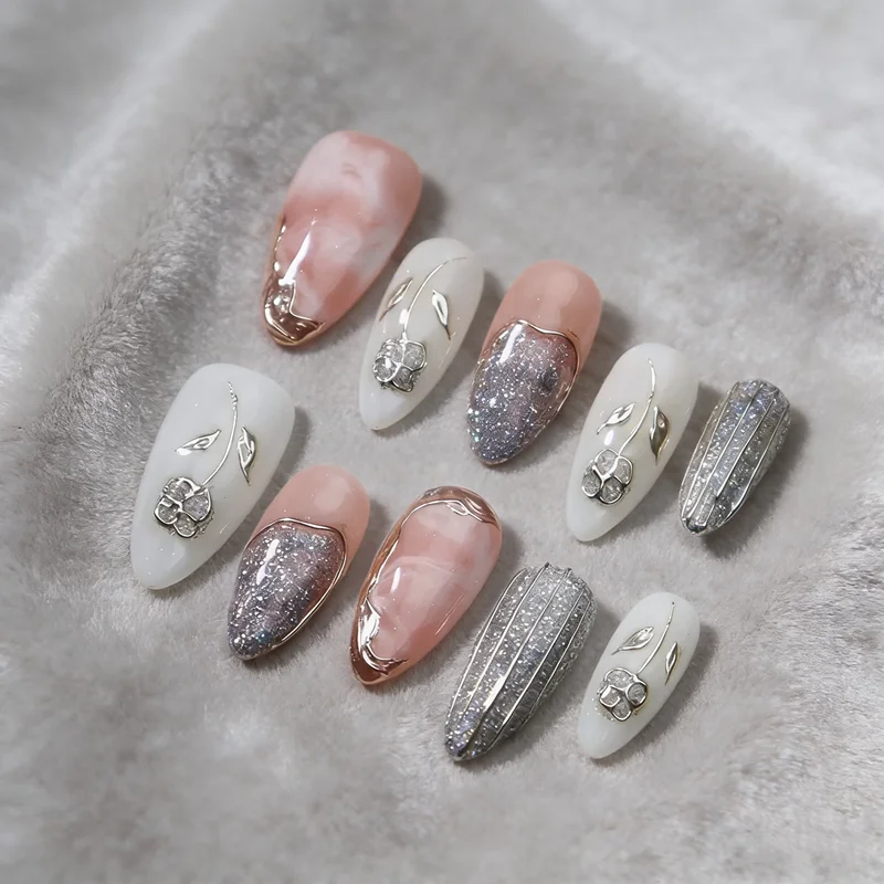 Handmade Wearable Press On Nails Y2k Fairy Medium Almond Fake Nails Light Luxury Charms Fake Nails Manicure Ballerina Detachable