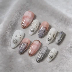 Handmade Wearable Press On Nails Y2k Fairy Medium Almond Fake Nails Light Luxury Charms Fake Nails Manicure Ballerina Detachable