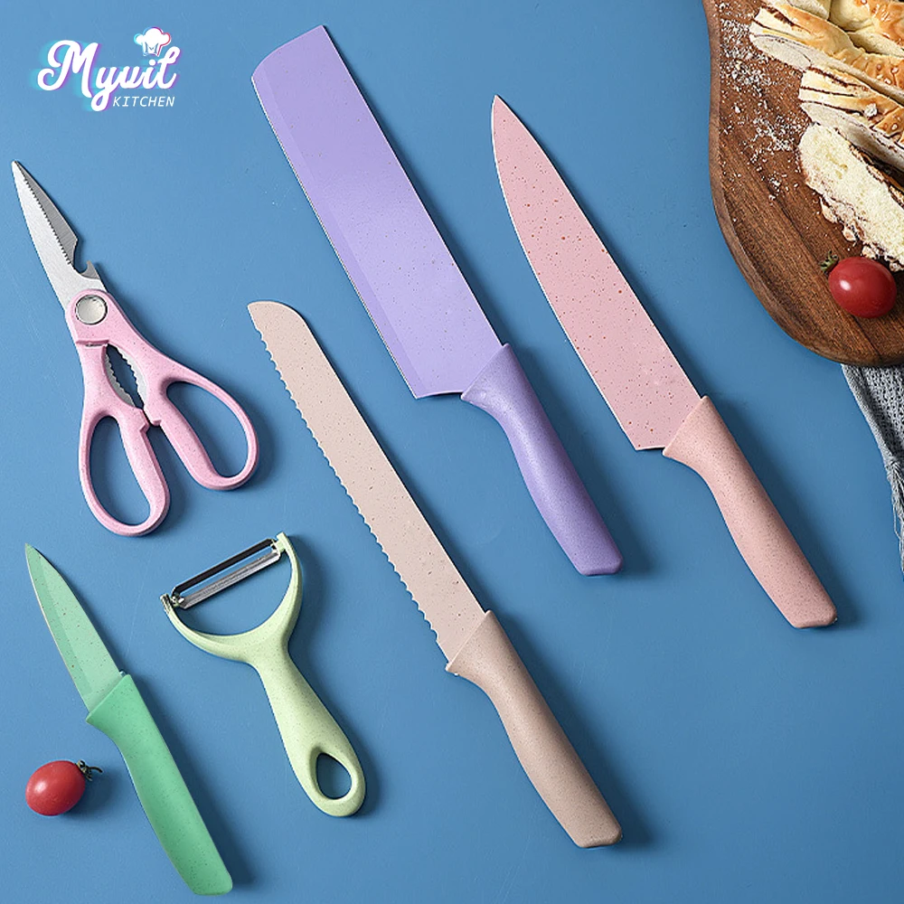 6Pcs Macaron Color Kitchen Knife Set For Chef Cooking Stainless Steel Scissors Fruit Knifes Kitchen Accessories Supplies