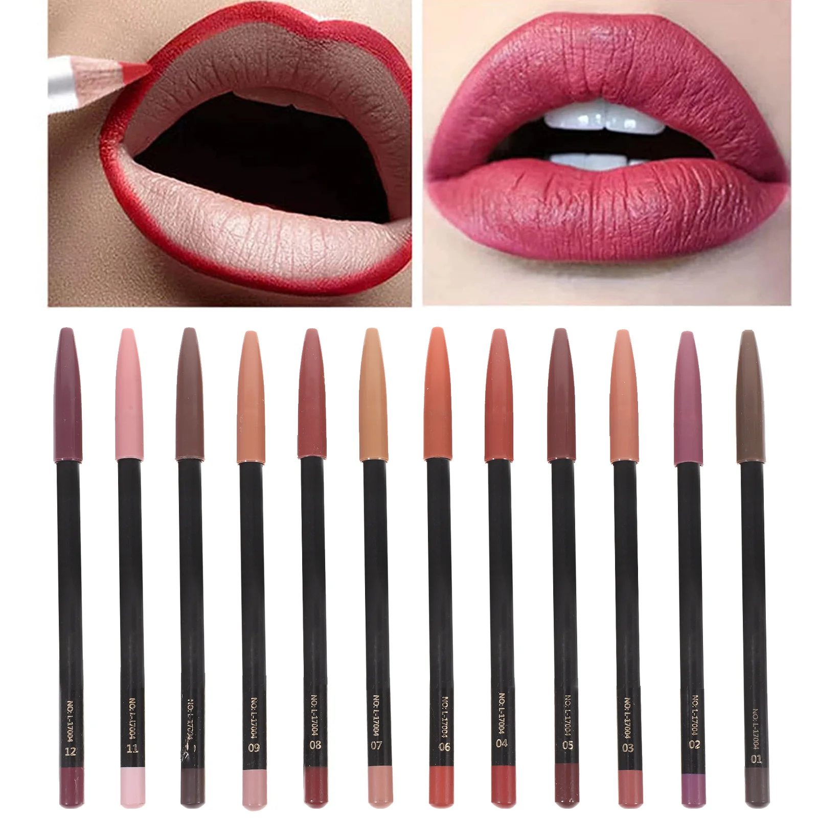12 Stück wasserdichter Lipliner-Formstift, langlebig, wischfest, leicht färbend, Make-up-Stifte aus Holz