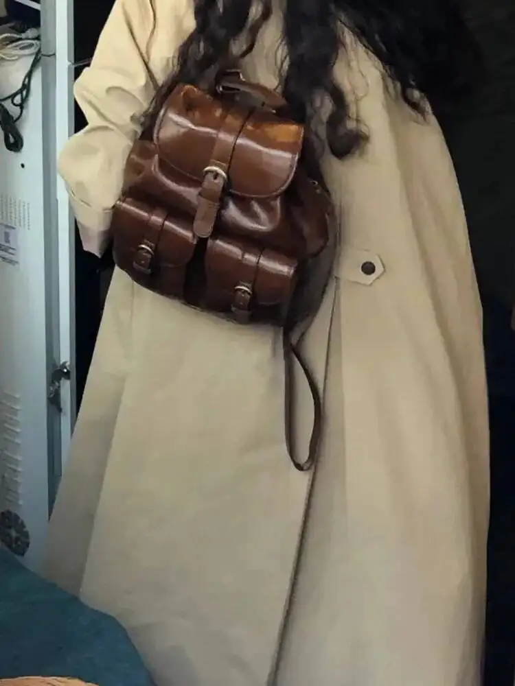 Bloom Vintage Brown Backpacks Women Retro Pu Leather Chic Solid Y2k Backpack Female Haruku Mini Mochila Aesthetic